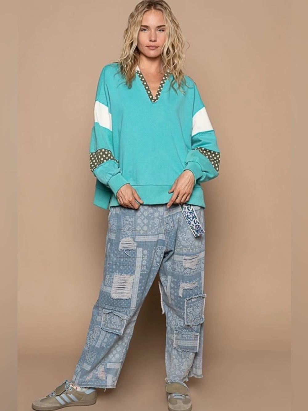 POL Exposed Seam Floral Patchwork French Terry Hoodie
